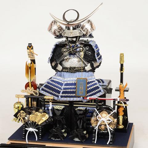 No.507-23 五月人形 アクリル ケース 上杉謙信 鎧 ケース飾り 4号 青鎧 黒塗ケース